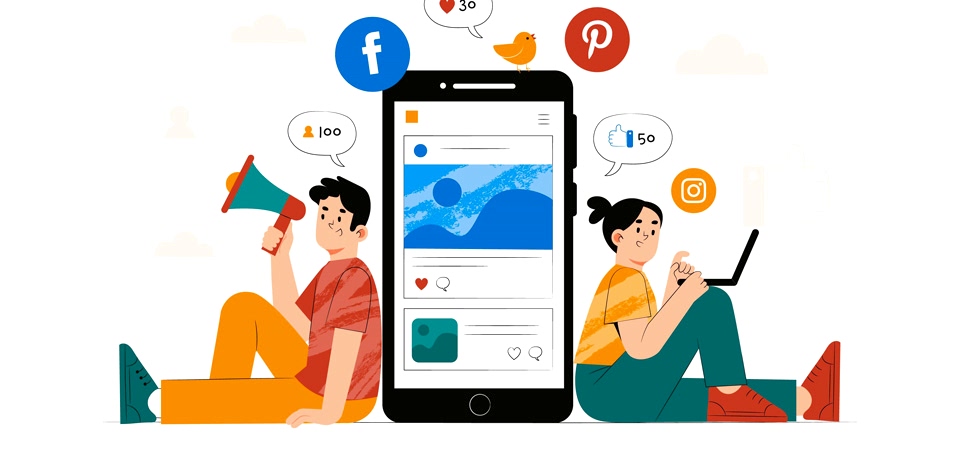 İnternetten para kazanma yollarını araştıran, sosyal medya kullanan ve ellerinde megafon ile laptop olan insanlar 